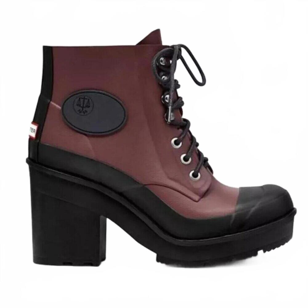 HUNTER Burgundy Red and Black Block Heel Lace-up Rubber Boots - Size 8